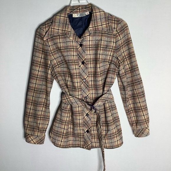 POINTY Collar Primary Plaid Wool Jacket 70s 12 - Picture 6 of 9